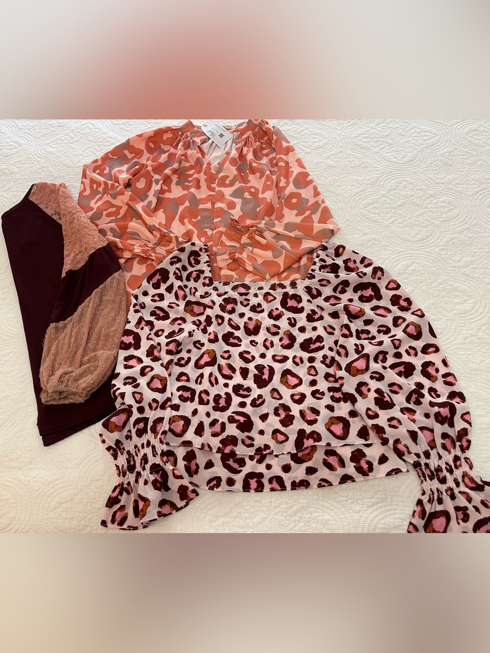 XS Boutique Bundle – 3 Long Sleeve Tops – Leopard & Maroon
